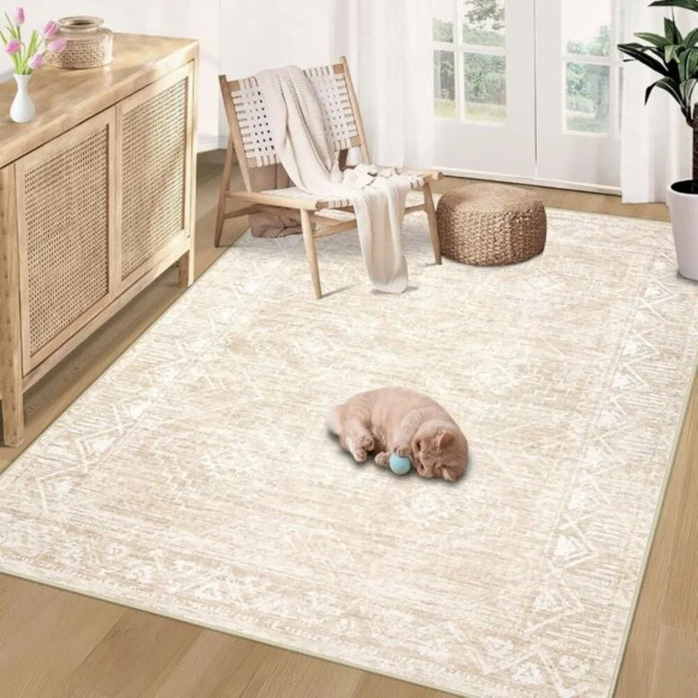 New 4x6 Beige Moroccan Area Rug, Washable Non-Slip Carpet for Entry & Room Decor